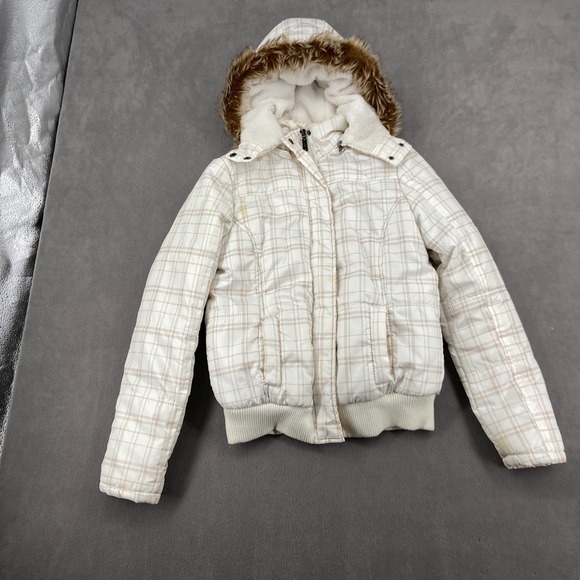YMI Jackets & Blazers - Vintage Y2K YMI Jacket Sz M White Plaid Lined Ribbed Snap Front Hooded Thermal